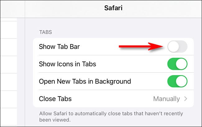 Nelle impostazioni di Safari su iPad, imposta "Mostra barra delle schede" su "Disattivato".