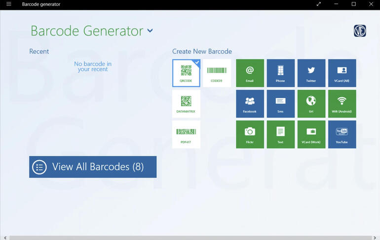 Screenshot dell'app Barcode Generator, con possibilità di creare codici per: e-mail, telefono, Twitter, vCard, Facebook, SMS, URL, Wi-Fi, Flickr, testo, vCard e YouTube.