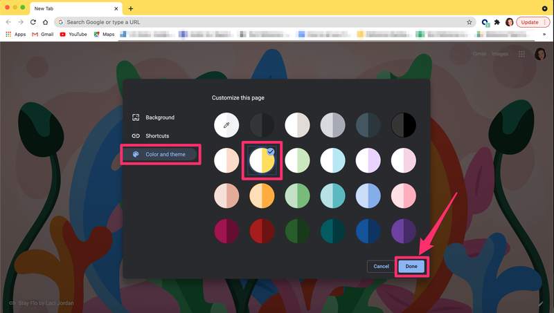 Pop-up di colori e temi di Google Chrome