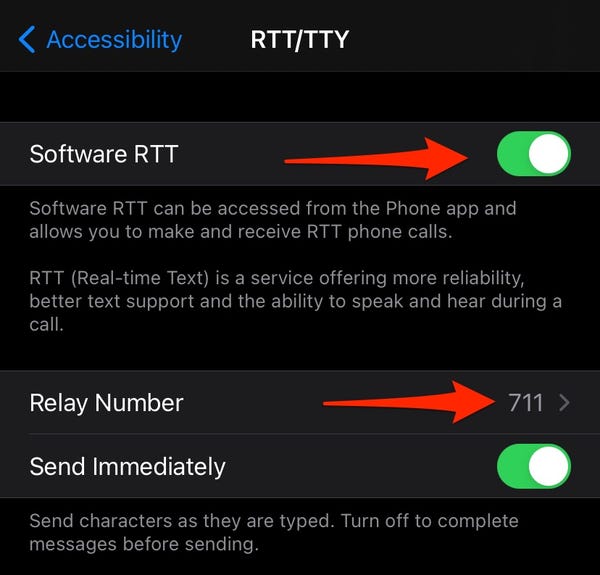 Attiva/disattiva gli strumenti RTT su iPhone.