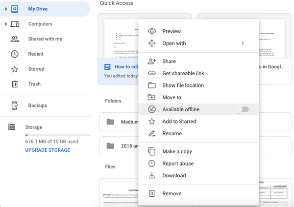 Fare clic con il pulsante destro del mouse su un documento Google per visualizzare un menu di opzioni; Viene evidenziato "Disponibile offline".