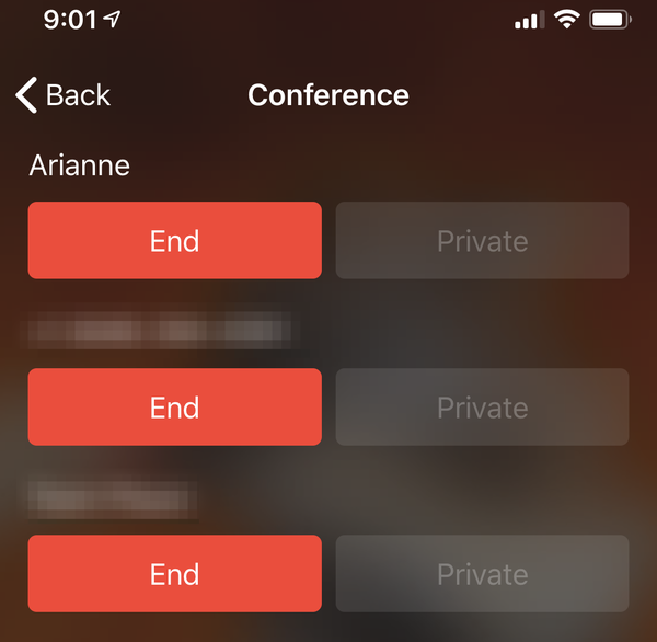 Elenco delle chiamate in conferenza iPhone dei partecipanti con pulsante per terminare la chiamata o avviare una chiamata privata