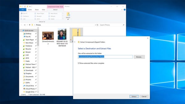Lo strumento di estrazione di Windows 10 che chiede dove devono essere collocati i file decompressi.