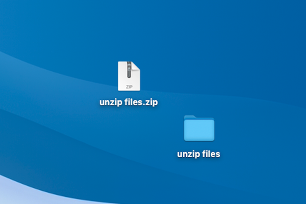 un desktop mac con un file ZIP e un file decompresso corrispondente accanto ad esso