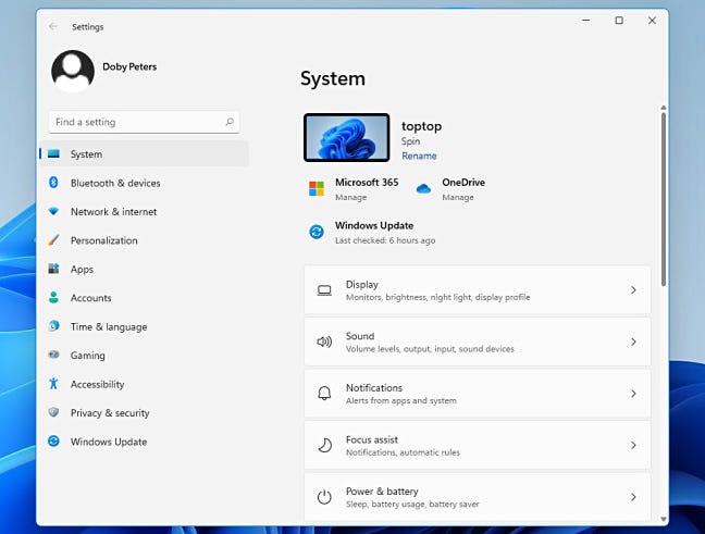 Il menu Sistema nelle Impostazioni di Windows 11.