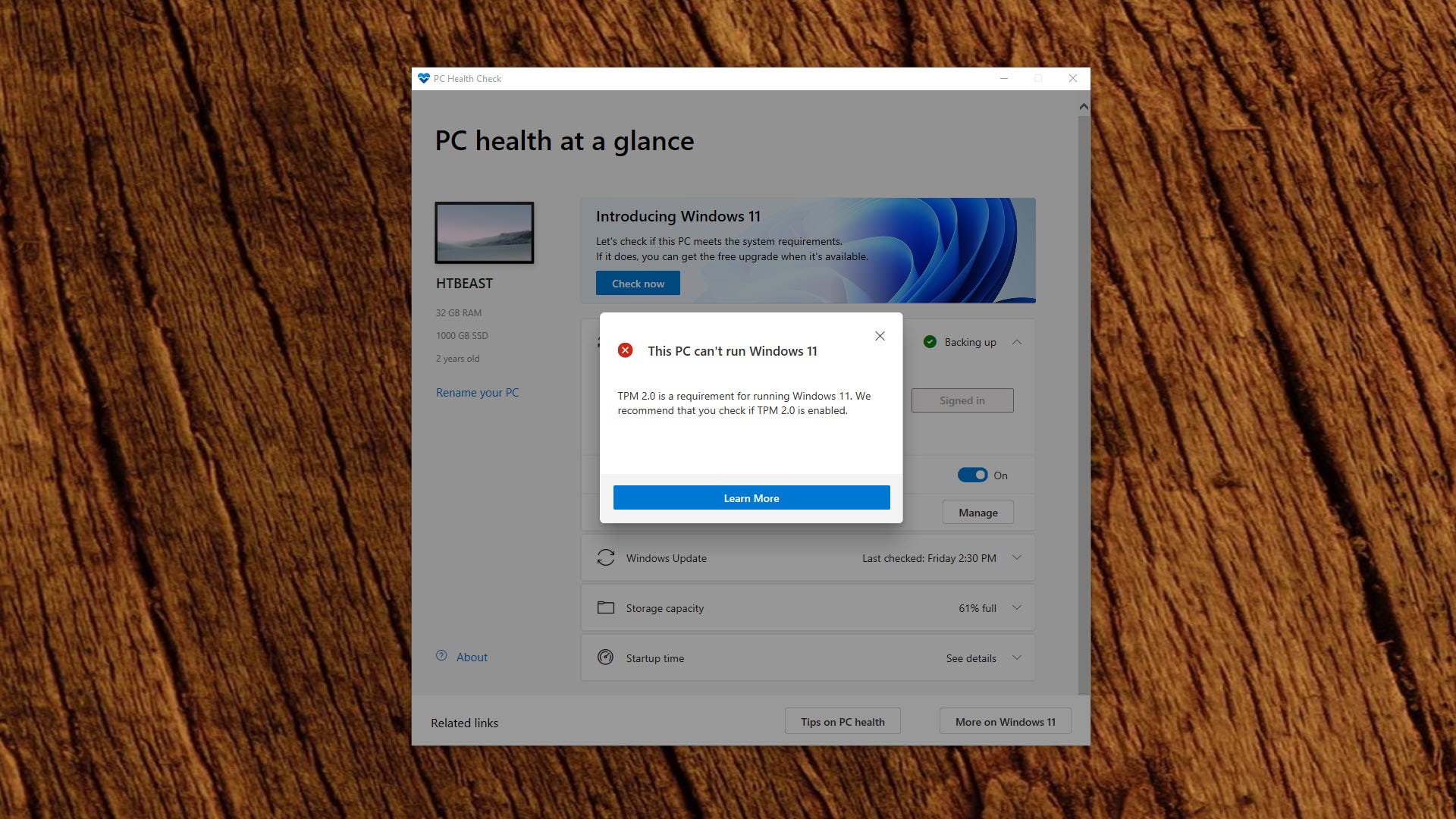 Uno strumento PC Health che mostra un motivo per non eseguire Windows 11