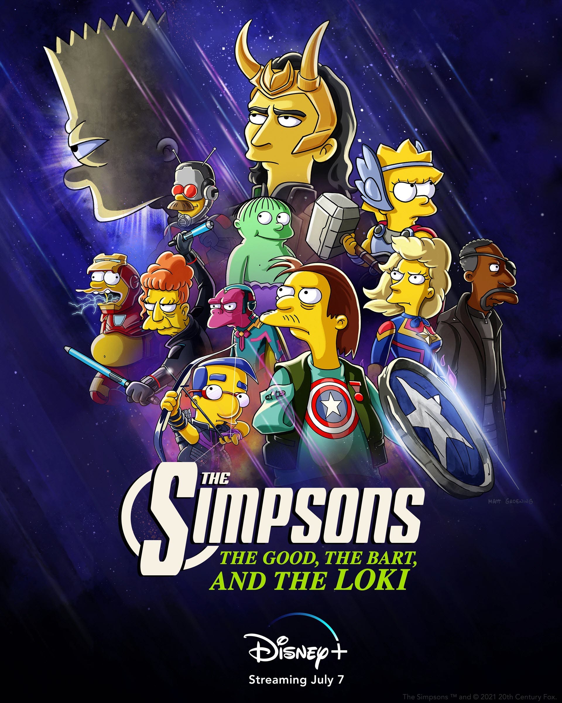 Loki circondato da personaggi de "I Simpson" vestiti da Vendicatori.