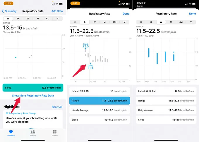 Trova il grafico della frequenza respiratoria del sonno sull'app per la salute di iPhone