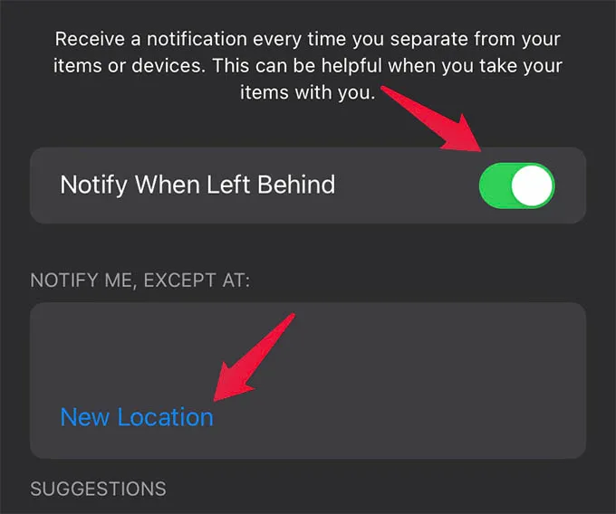 Abilita notifica quando lasciato indietro su iPhone e seleziona posizione eccezione