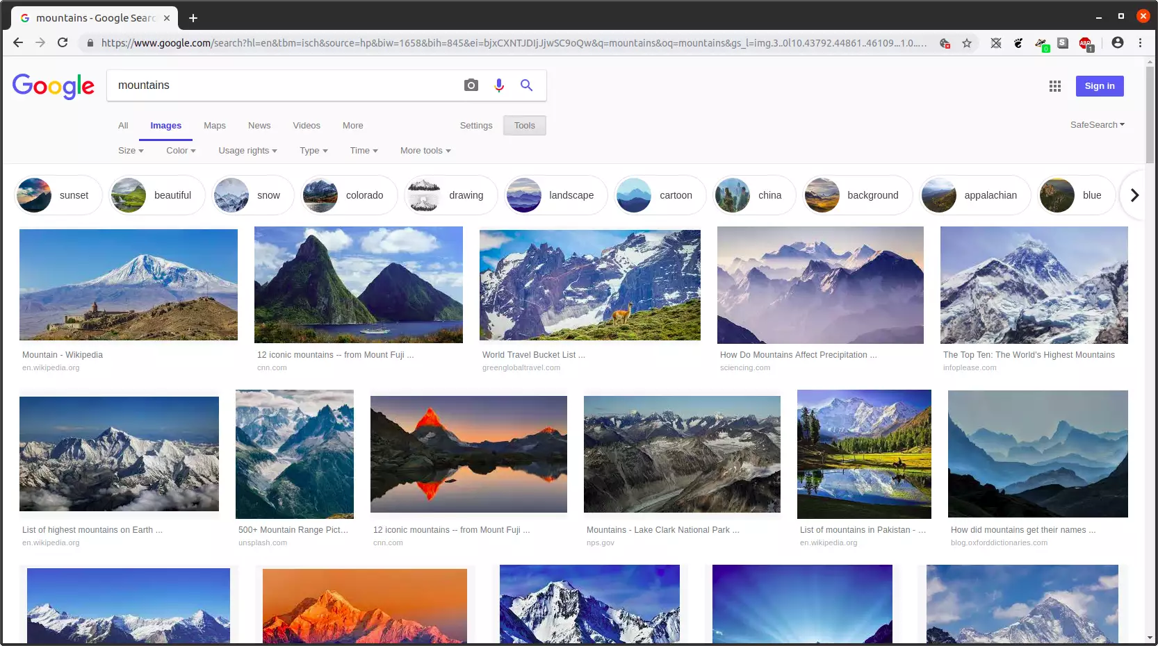 Google Images search tools