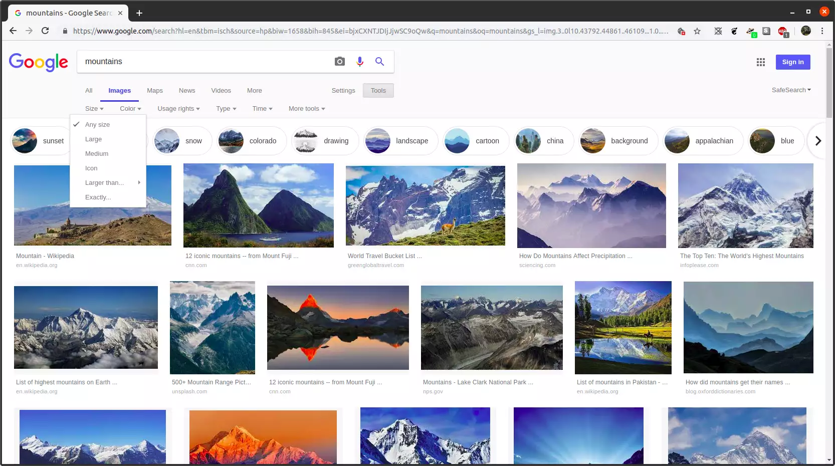 Google Images results page for the search term "mountains" with the Dimensions menu open.