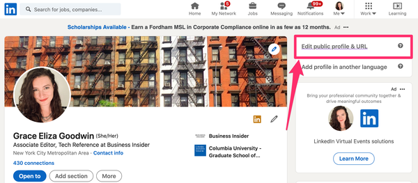 Screenshot del pulsante "Modifica profilo pubblico e URL" nella pagina del profilo LinkedIn