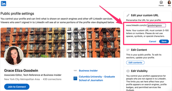 Screenshot della sezione per modificare l'URL sul profilo LinkedIn