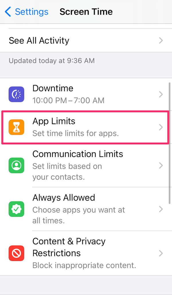 Screenshot della pagina Screen Time con "Limiti app" evidenziato