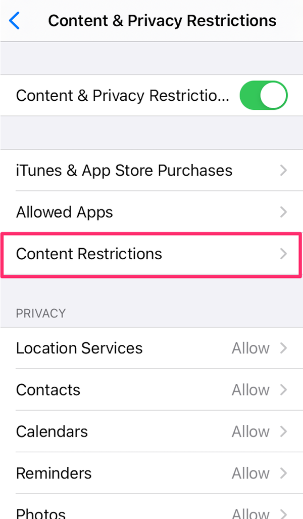 Screenshot del pulsante "Restrizioni del contenuto" in Impostazioni