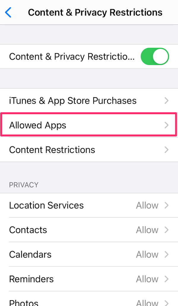 Screenshot del pulsante App consentite in Impostazioni