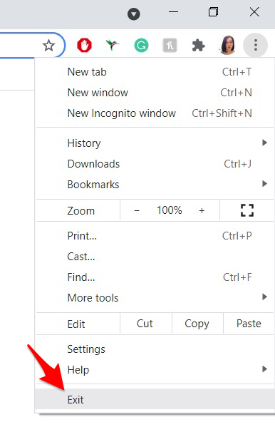 riavvio di Chrome su Windows - esci dal menu