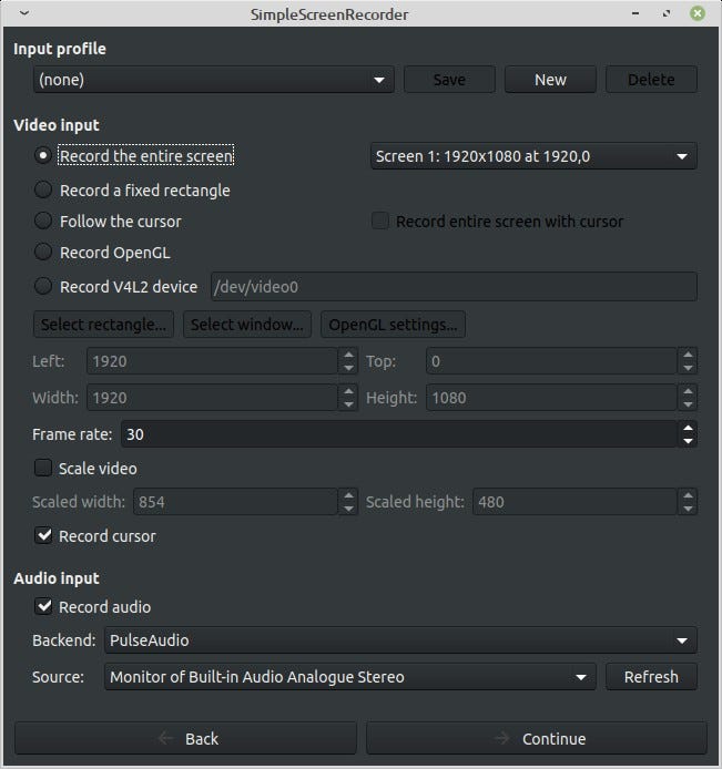 Interfaccia di input SimpleScreenRecorder 0.4.3