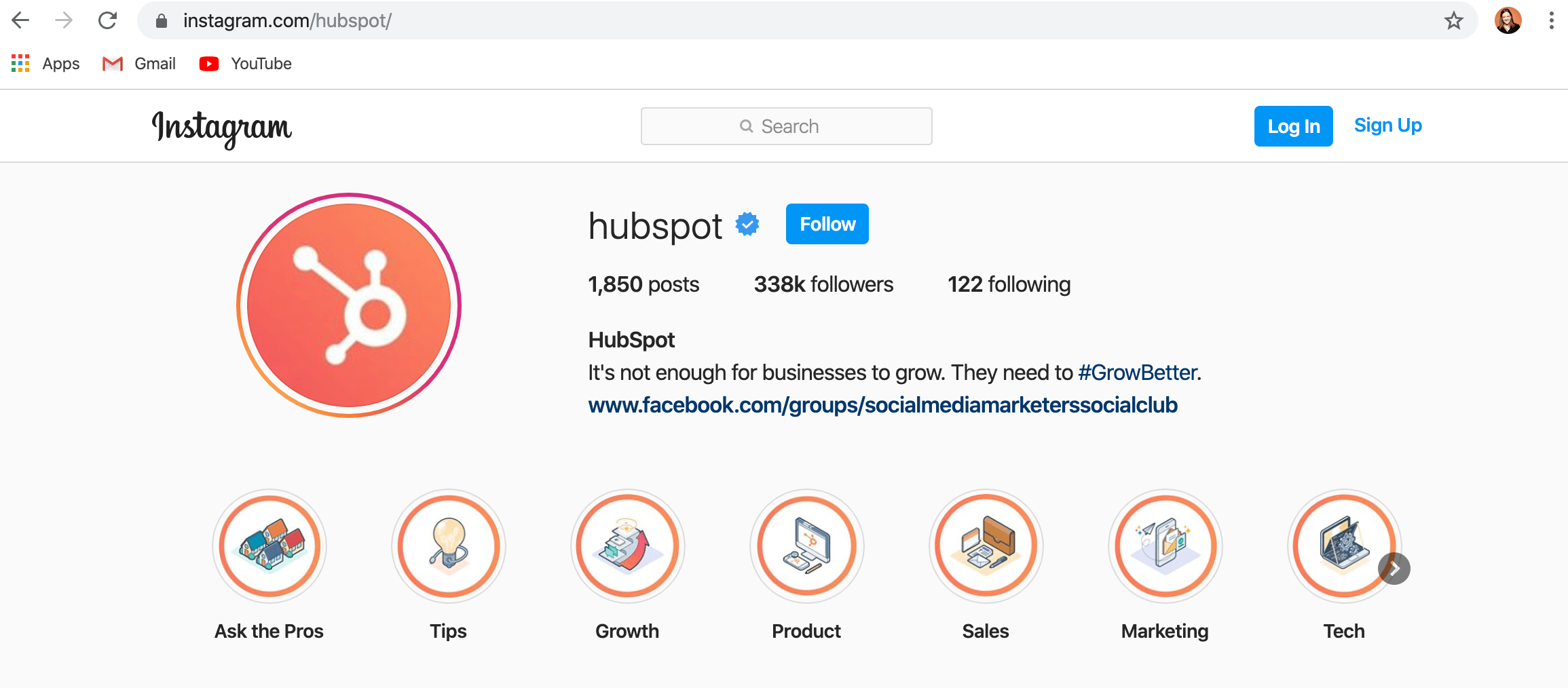 versione desktop dell'account instagram hubspot 