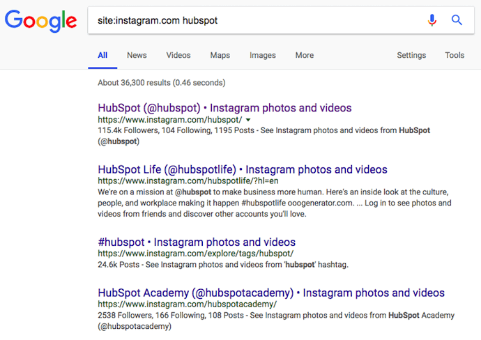 Ricerca nel sito di Google per HubSpot, che ti consente di cercare gli utenti di Instagram senza un account