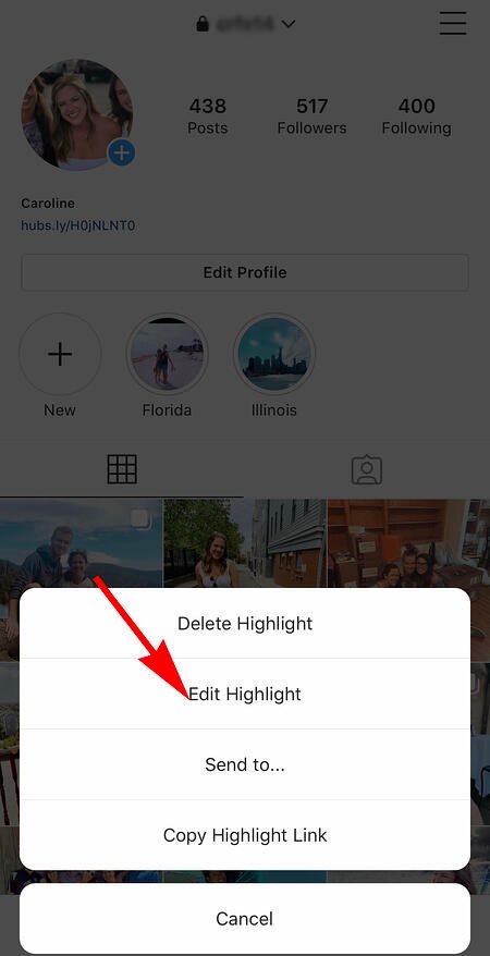 facendo clic sul pulsante di evidenziazione modifica su Instagram