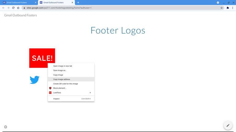 Screenshot del sito di Google (denominato Gmail Outbound Footers), con il titolo di Footer Logos. Due immagini sulla pagina: Un riquadro rosso con la scritta SALDI! in esso, così come un piccolo logo di uccellino di Twitter. L'immagine VENDITA è stata selezionata e l'indirizzo Copia immagine sta per essere selezionato.
