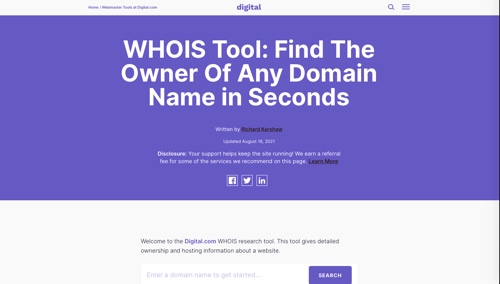 Home page dello strumento WHOIS di Digital.com