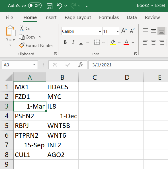 Elenco di esempio di nomi di geni in Excel