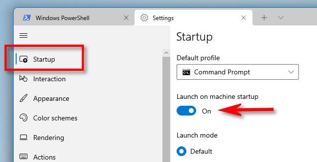 Nelle impostazioni del terminale di Windows, fai clic su "Avvio" nella barra laterale, quindi attiva "Avvia all'avvio della macchina".