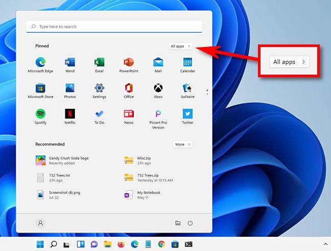 Fai clic su "Tutte le app" nel menu Start di Windows 11.