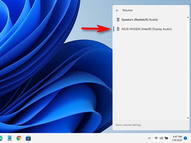 L'elenco dei dispositivi audio di gestione di Windows 11 nel menu Configurazione rapida.