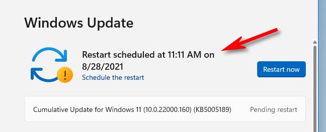 Il riavvio pianificato verrà confermato in un messaggio nella pagina di Windows Update.