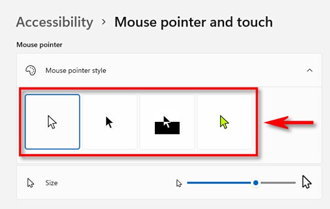Scegli uno stile per il puntatore del mouse.