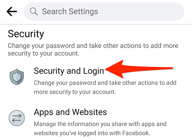 Seleziona "Sicurezza e accesso" dal menu "Impostazioni" nell'app Facebook.