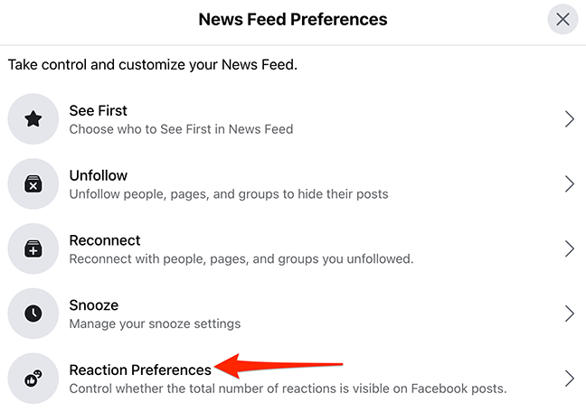 Seleziona "Preferenze di reazione" dalla finestra "Preferenze feed di notizie" sul sito di Facebook.