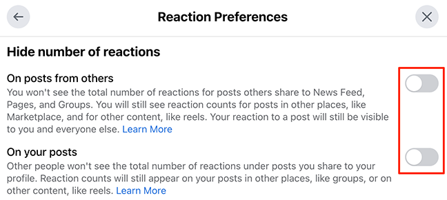 Nascondi i conteggi dei Mi piace utilizzando la finestra "Preferenze di reazione" sul sito di Facebook.