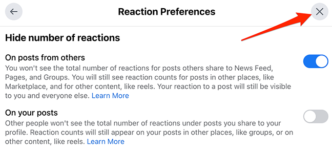 Fai clic su "X" nella parte superiore della finestra "Preferenze di reazione" sul sito di Facebook.