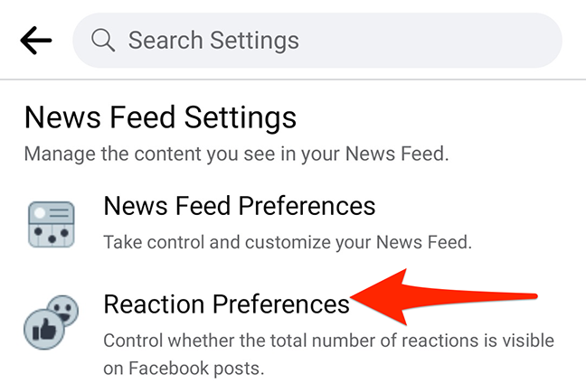 Tocca "Preferenze reazione" nel menu "Impostazioni" dell'app Facebook.