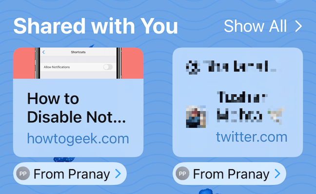 Sezione "Condiviso con te" mostrata nella pagina iniziale di Safari su iPhone.
