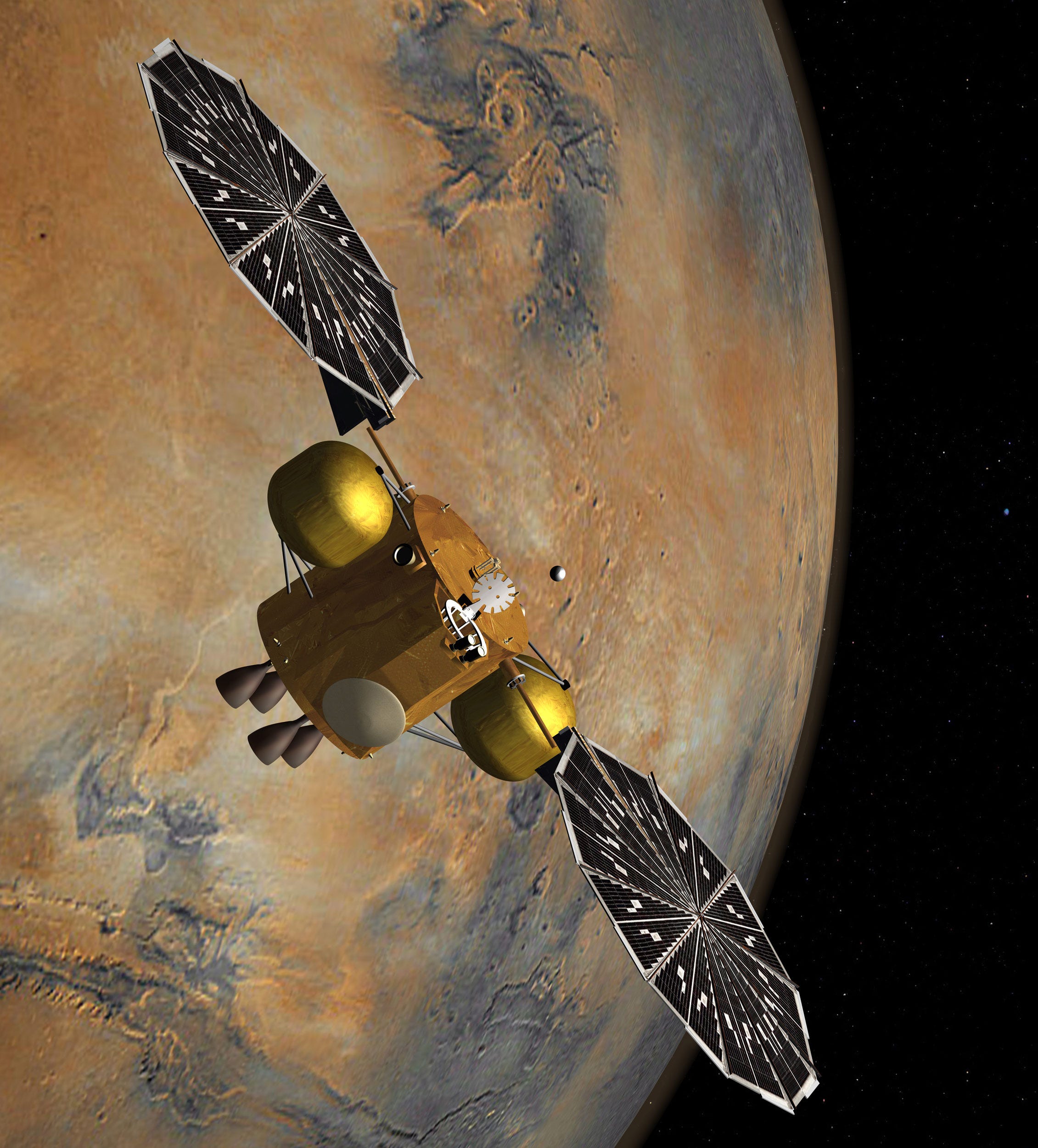 illustrazione di un veicolo spaziale orbitante su Marte che cattura un piccolo contenitore di campioni