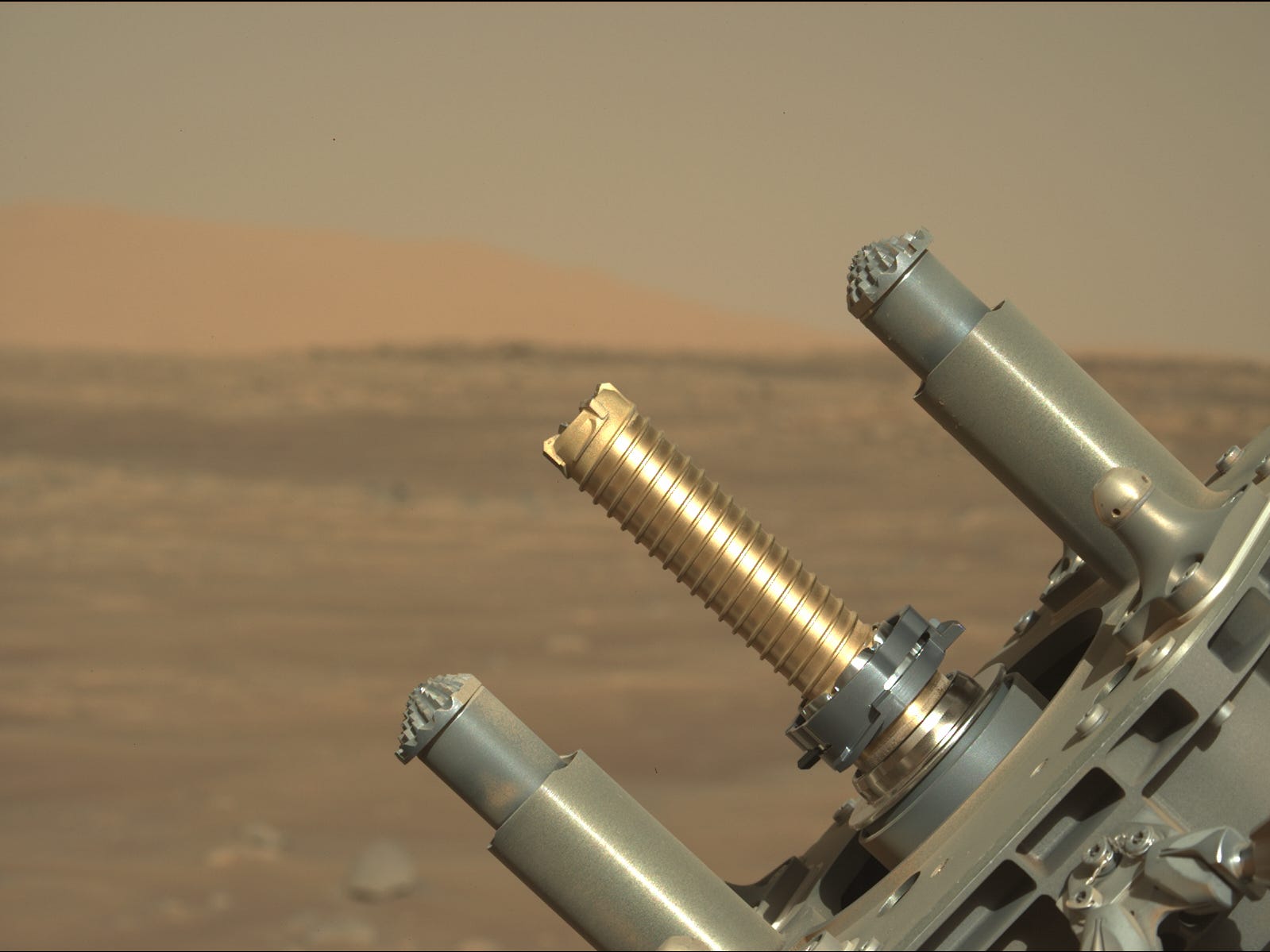 il braccio robotico del rover perseveranza sostiene il tubo d'oro per i campioni di carotaggio sullo sfondo delle pianure di Marte