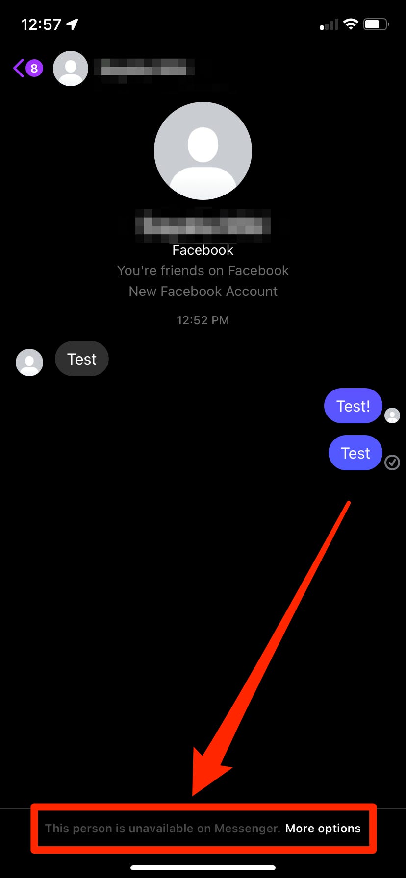 Uno screenshot di una conversazione su Facebook Messenger, in cui è visibile "Questa persona non è disponibile su Messenger".