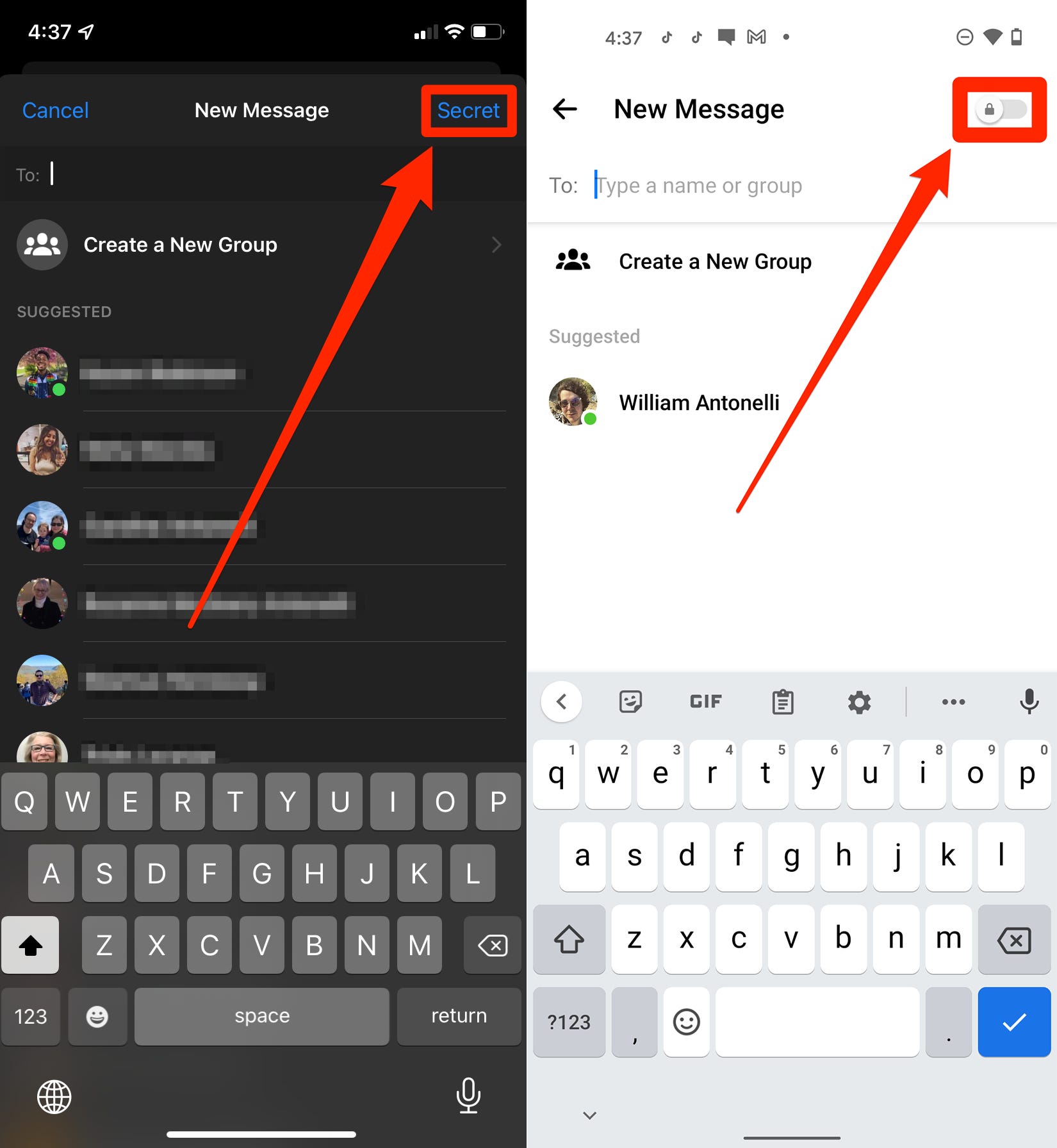 Screenshot delle app di messaggistica per iPhone e Android, che mostrano come attivare una conversazione segreta.
