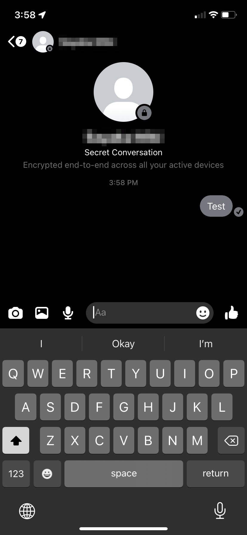 Una conversazione segreta nell'app iPhone Messenger.