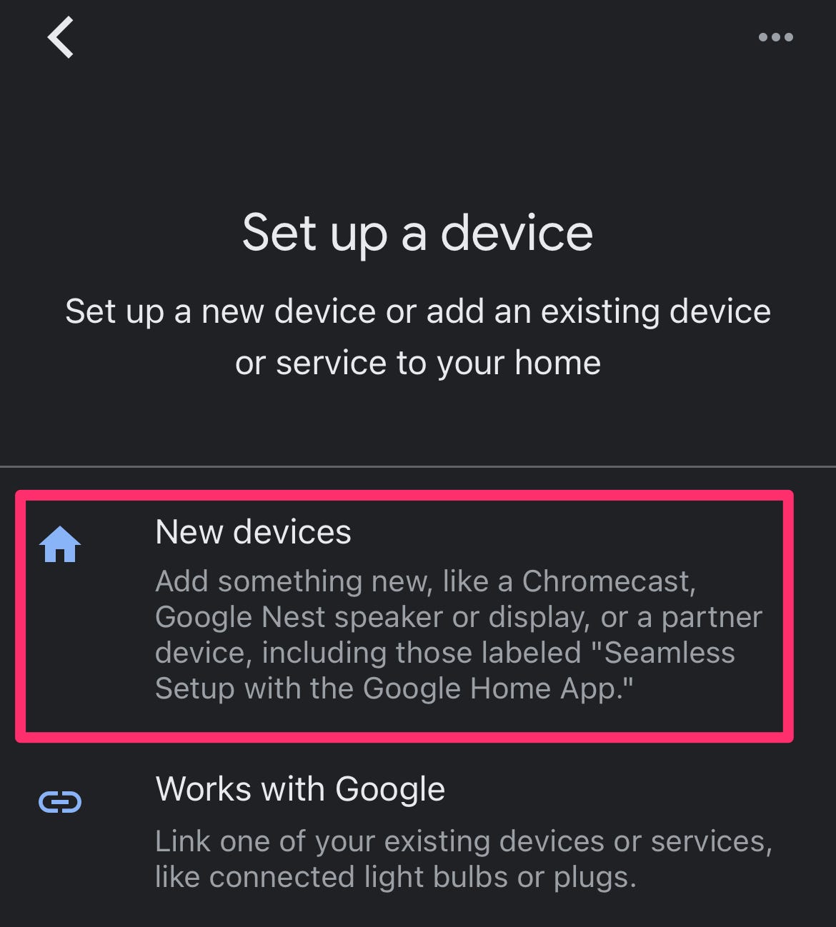 Screenshot della pagina Configura un dispositivo dell'app Google Home