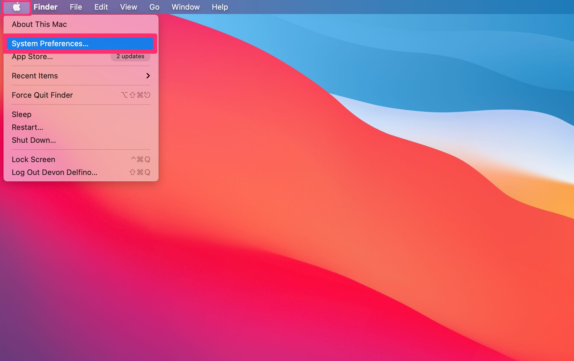 Screenshot dell'icona Apple a discesa nella barra degli strumenti su computer Mac