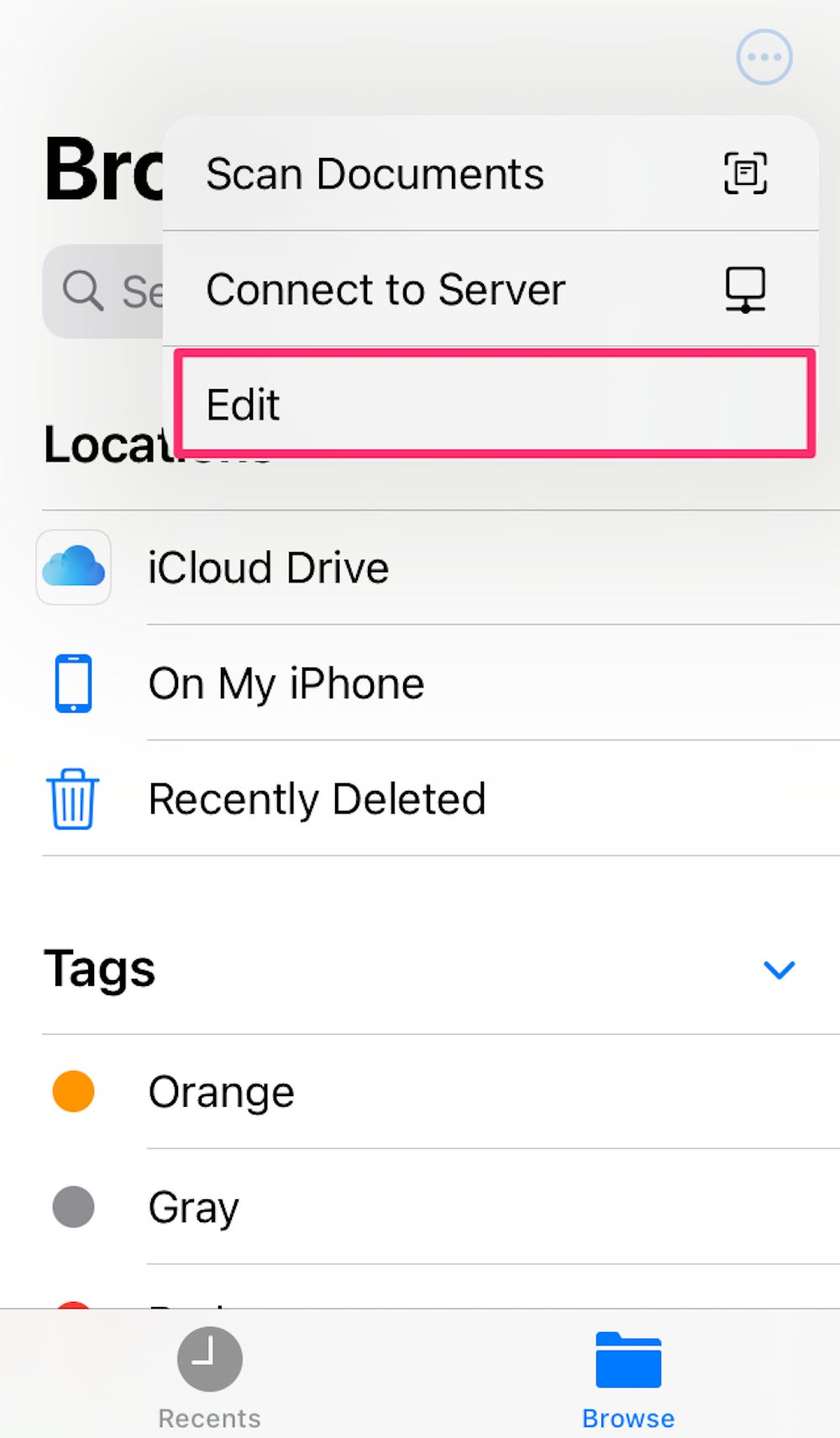 Schermata del pulsante "Modifica" nell'app File su iPhone