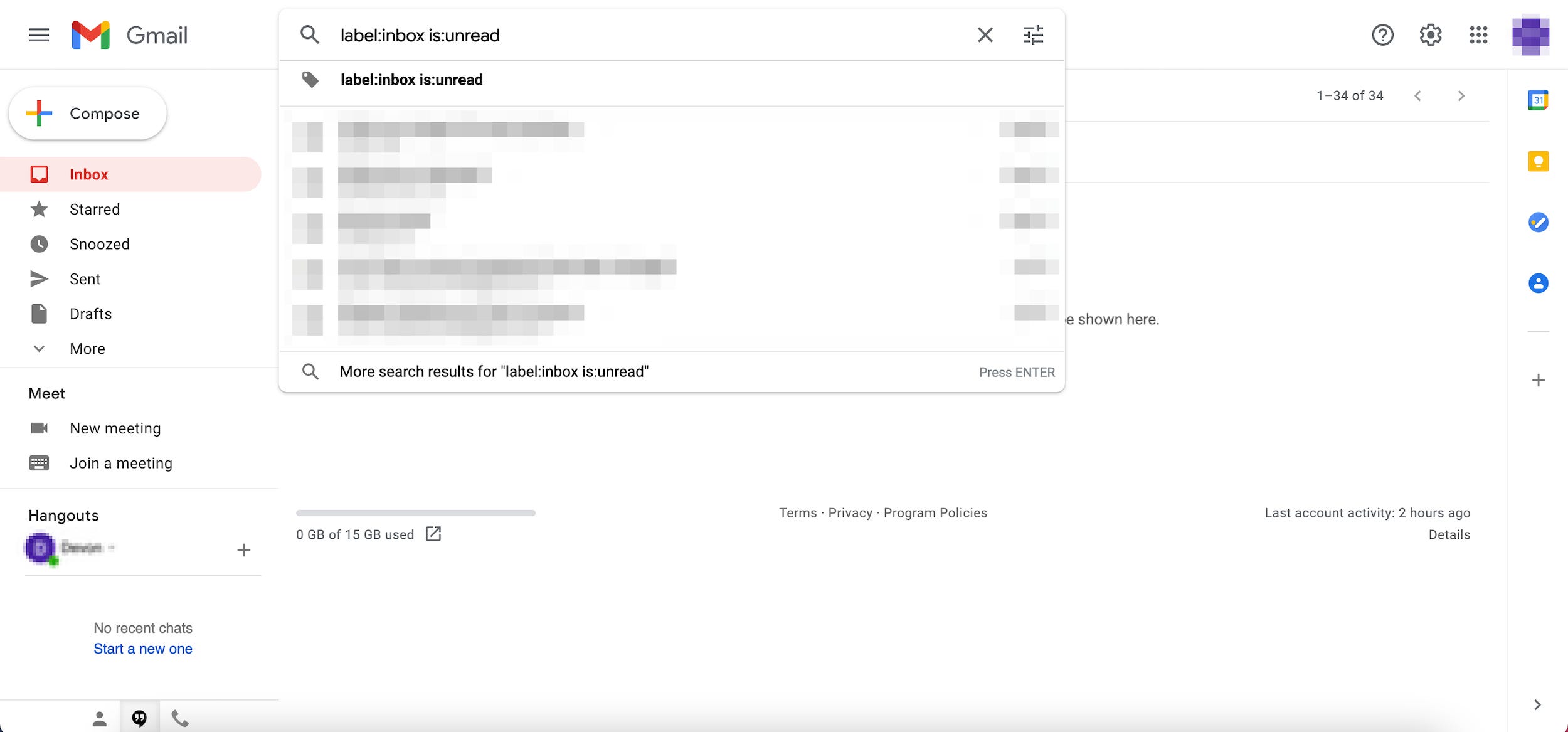 Screenshot del comando di ricerca per trovare le email non lette nella posta in arrivo di Gmail.