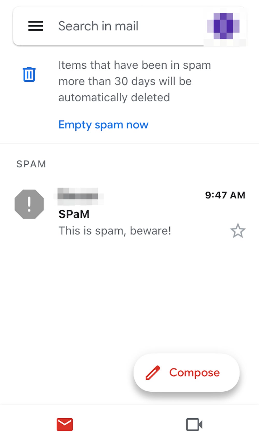 Screenshot della cartella Spam nell'app Gmail