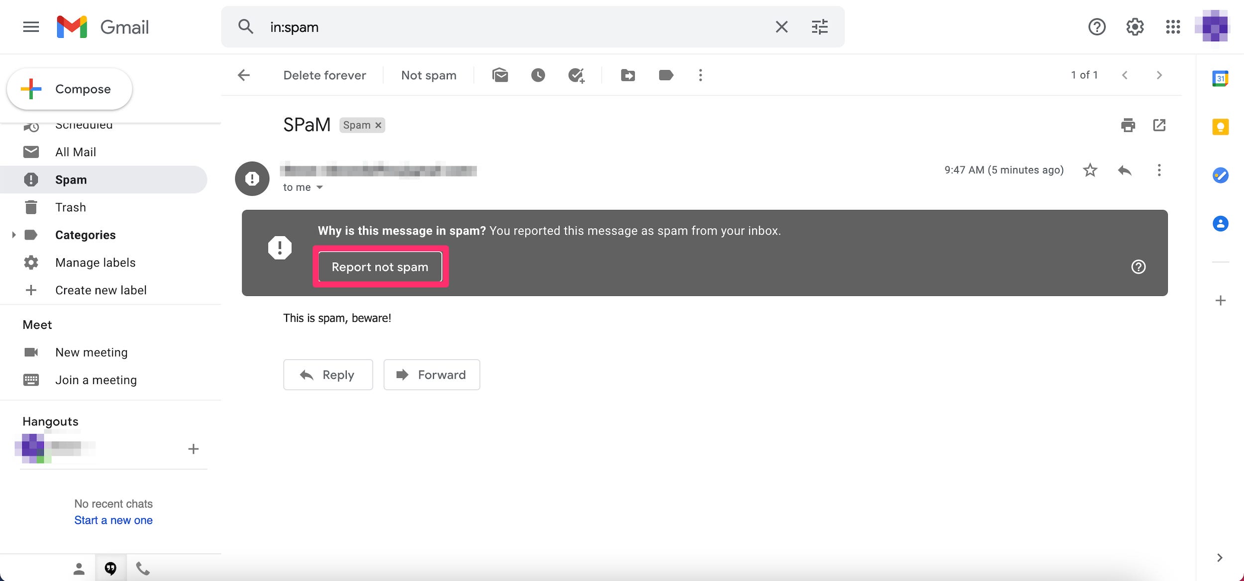 Screenshot dell'opzione per segnalare un'e-mail come non spam nella versione desktop di Gmail